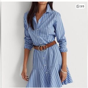 Lauren Ralph Lauren Blue Striped Ruffled Shirt Dress